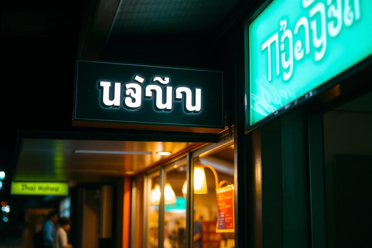 ป้ายกล่องไฟหน้าร้านเรืองแสงในเวลากลางคืน