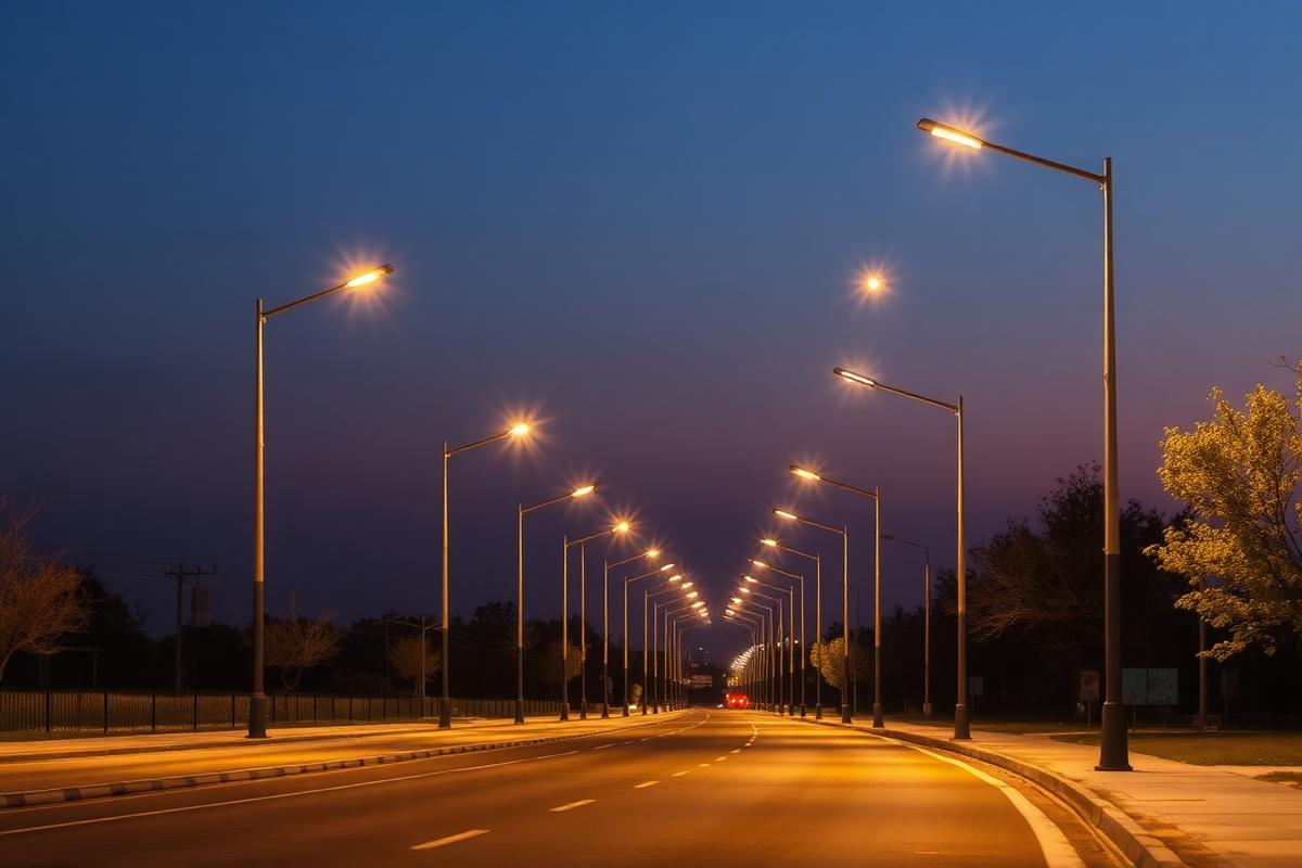 ไฟถนน LED ประหยัดพลังงานส่องสว่างตลอดแนวถนนยามค่ำ